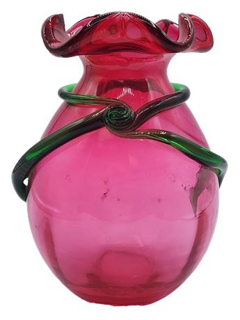 Hand Blown Cranberry Glass with Green Applied Ribbon 7" Tall