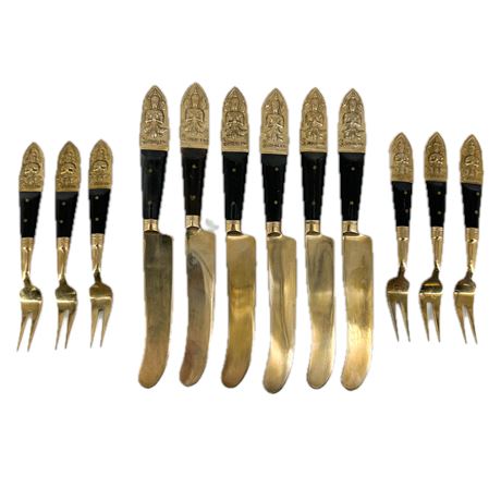 2 Sets of Thai Brass Condiment Forks & Spreading Knives