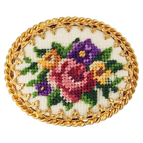 Vintage Austrian Floral Petit Point Needlework Brooch