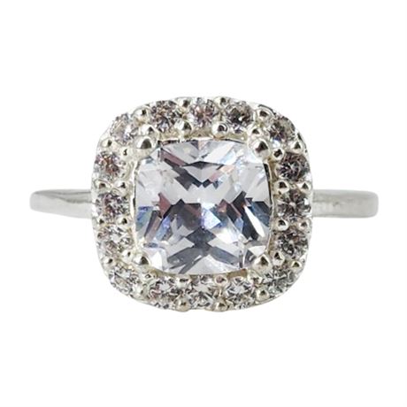 Signed Silver Tone Cushion Cut CZ Halo Ring, Sz 7