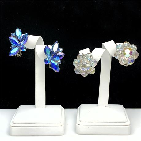 Vintage Blue Marquise Rhinestone & Aurora Borealis Rhinestone Earrings