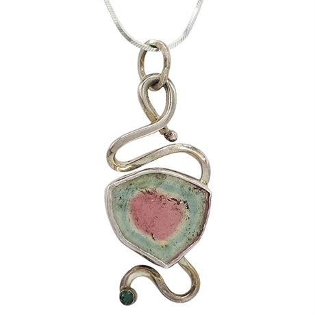 Signed Annette Morrin Sterling Silver Watermelon Tourmaline Pendant Necklace