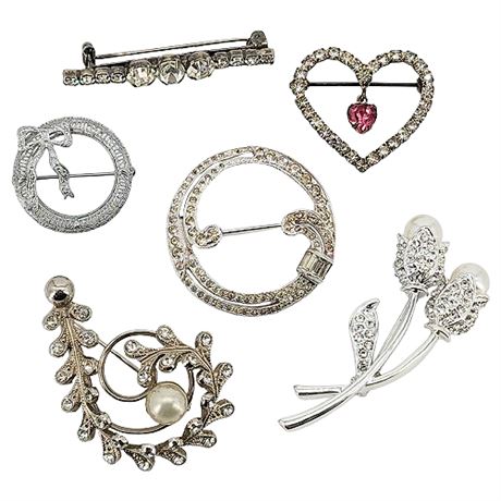 Six Vintage Silver Tone Rhinestone Brooches