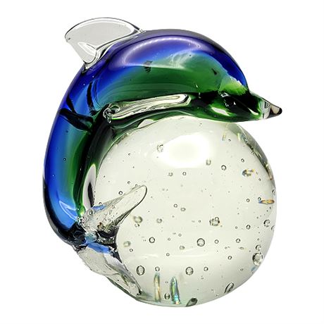 Murano Style Sommerso Art Glass Dolphin Controlled Bubble Ball Paperweight