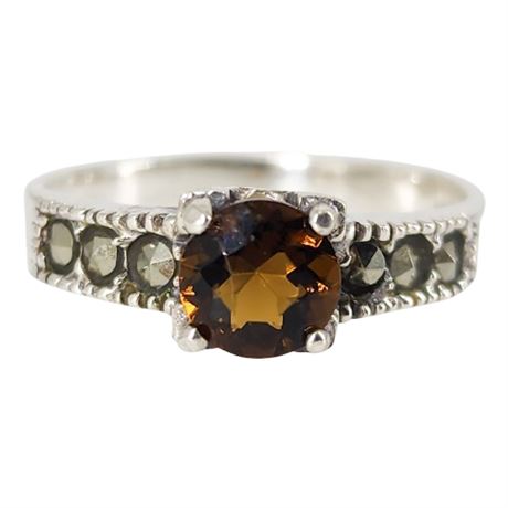 Signed MARSALA Sterling Silver Rootbeer Crystal & Marcasite Ring, Sz 7.5
