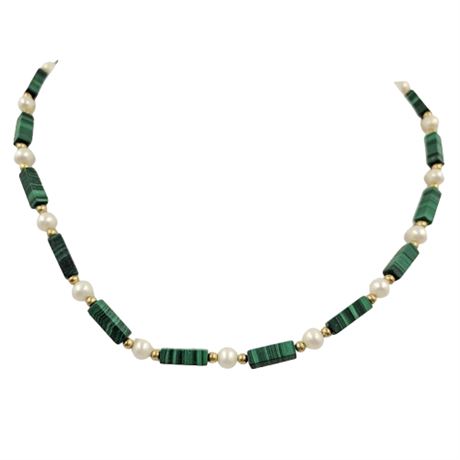 Gold Tone Malachite and Genuine Pearl Necklace