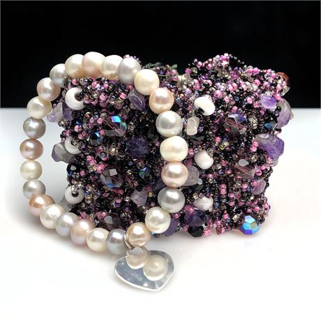 Genuine Pearl Bracelet Sterling Heart & Amethyst & Glass Bead Stretch Bracelets