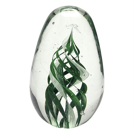 Vintage Murano Style Green Swirls Glass Egg Paperweight