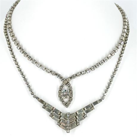 Vintage Rhinestone Necklace Duo – Teardrop Pendant & Baguette Statement Piece