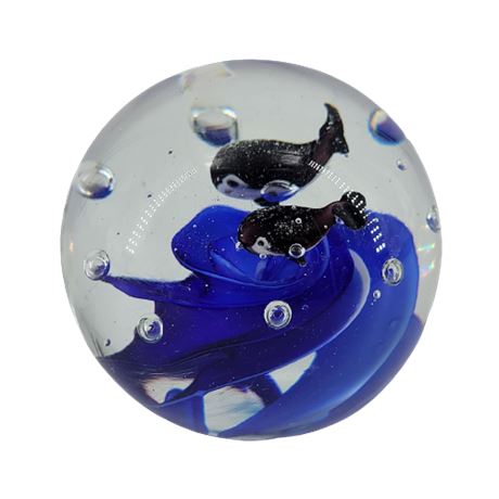 Vintage Bubble Art Glass Orca Whale Paperweight