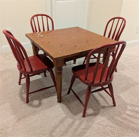 Children's Wood Brown Table and 4 Red Chairs