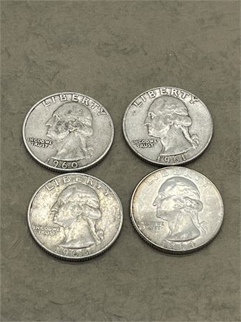 1960 D, 1961 D, 1963 D & 1964 D Washington Quarters