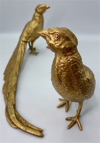 Pair 15” Mid Century Gilded Birds Cast Metal Pheasant Statues