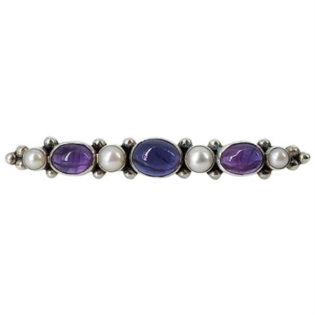 Vintage Sterling Silver Amethyst & Genuine Freshwater Pearl Bar Brooch
