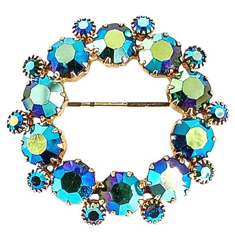 Vintage Aurora Borealis Rhinestone Circle Brooch — Blue/Green