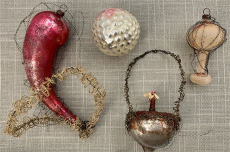 4 Antique to Vintage Wire Wrapped Glass Feather Tree Ornaments