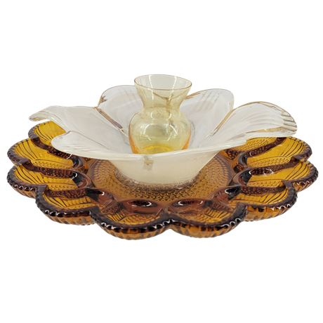 Vintage Amber Deviled Egg Glass Platter w/ White Lotus Top