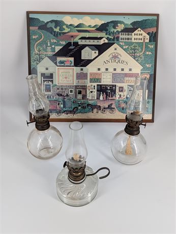 Lot 3 Antique Oil Lamps + Charles Wysocki Antiques Store Print