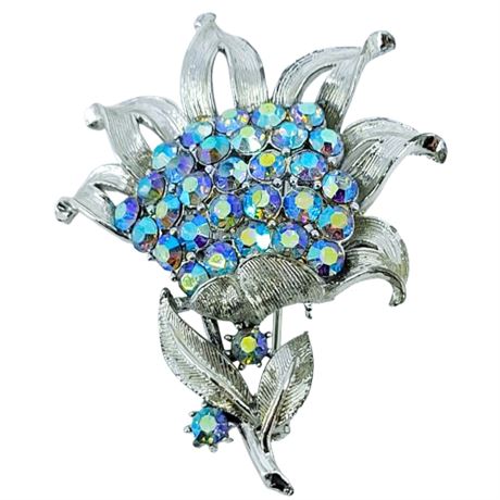 Vintage Coro Blue Aurora Borealis Rhinestone Flower Brooch