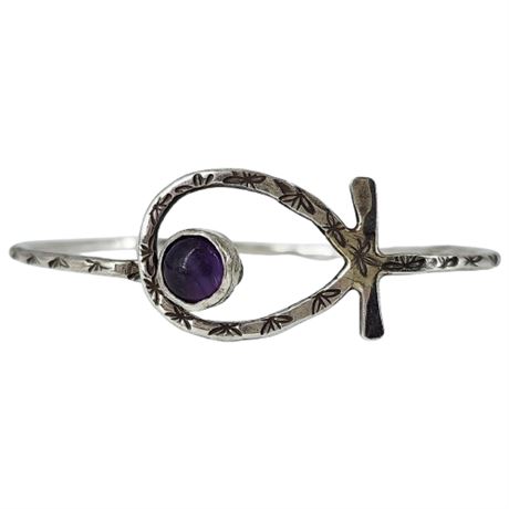 Vintage Egyptian Revival Sterling Silver Amethyst Ankh Bracelet