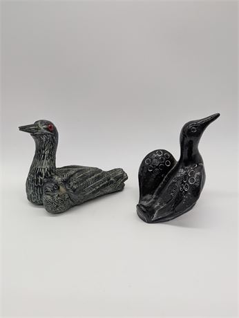Pair Hand Carved Canadian Soapstone Loons Ducks, Jolin, Canada
