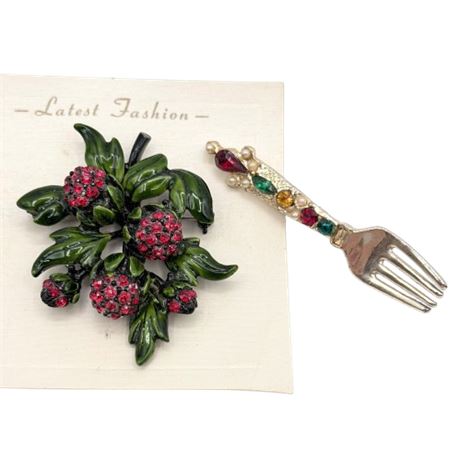 Two Pins-Green Leaves with Red Rhinestones & Fork