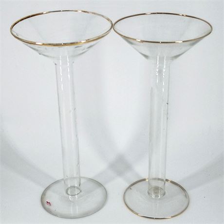 Decorative Gold-Rimmed Glassware – 12" Tall Vintage Display Pair
