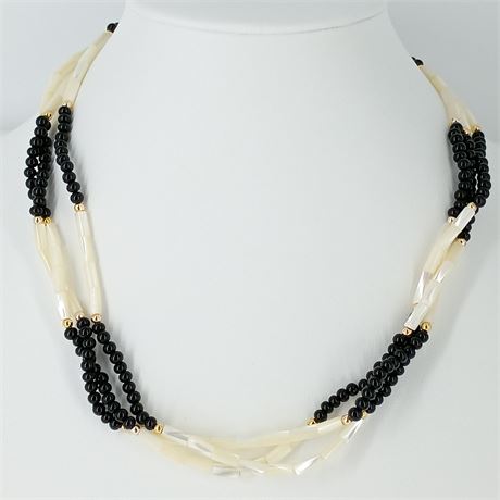 Vintage Multi-Strand Black Bead and Shell Torsade Style Necklace and Bracelet