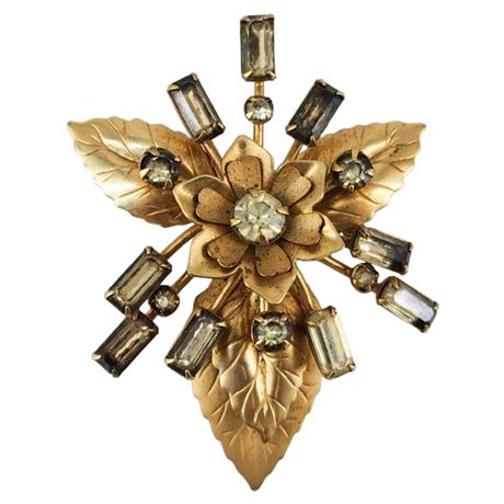 Vintage Gold Tone Leaves & Rhinestones Burst Brooch