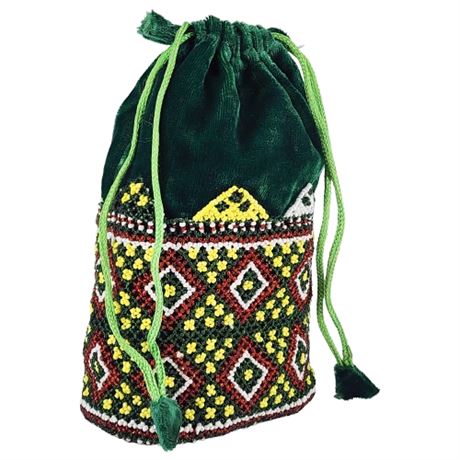 Vintage Hand Beaded Velvet Drawstring Bag