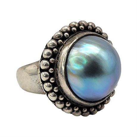 Signed Bask Sterling Silver Mabe Pearl Ring, Sz 6