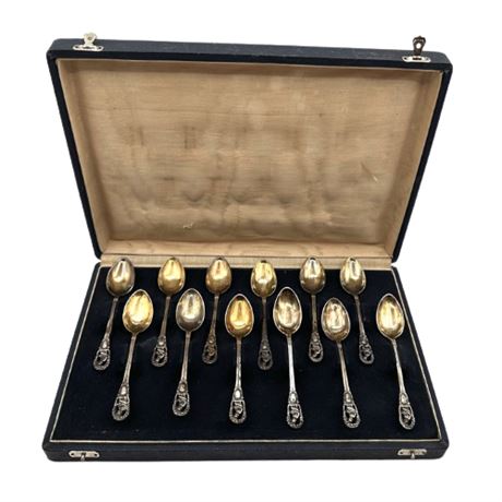 Antique Sterling Silver Spoon Set with Parcel Gilt Bowls