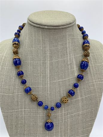 Vintage 1920s era Speckled Cobalt Pottery Bead & Filigree Choker Necklace