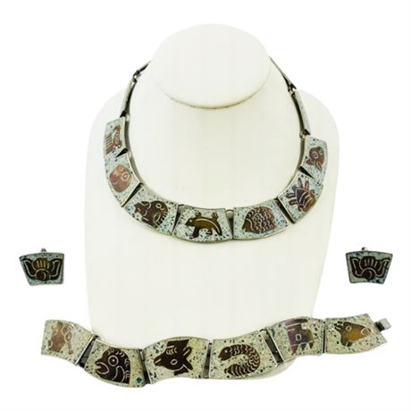 103g Vintage Indigenous Sterling Necklace Bracelet Earring Set