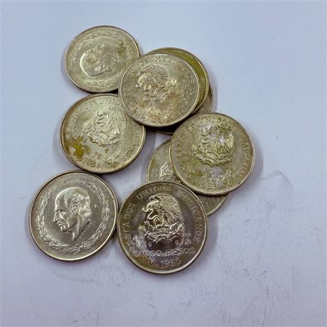 10 BU 1953 Hidalgo 5 Peso Silver Coins