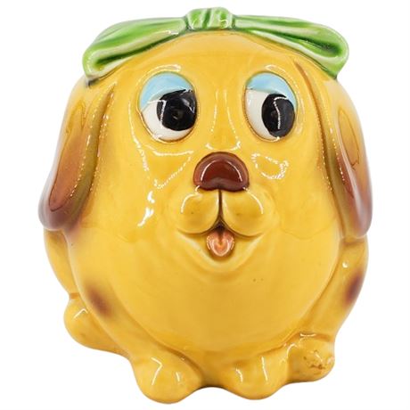 Vintage Round Dog w/ Bow Ceramic Coin Bank