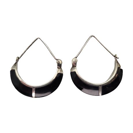 Signed Sterling Silver Onyx Crescent Earrings
