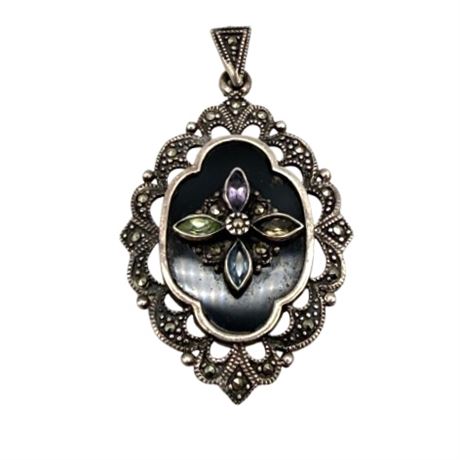 Sterling Silver Onyx & Gem Stone Pendant