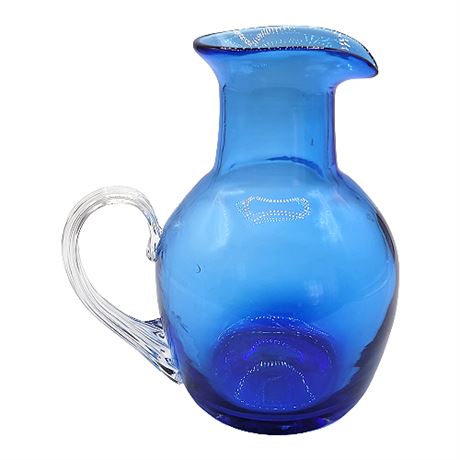 Vintage Cobalt Blue Glass Pitcher w/ Clear Ribbed Handle