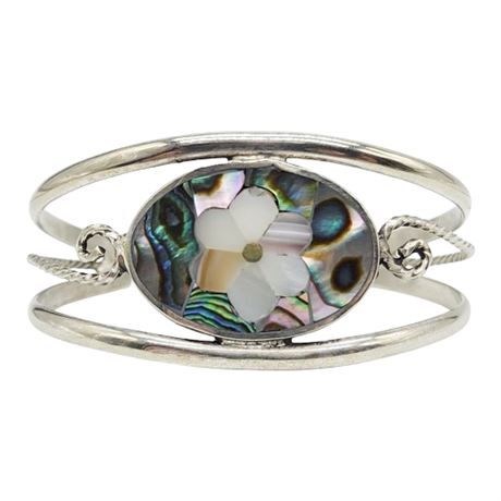 Vintage Mexico Alpaca Silver Inlaid Abalone/Mother of Pearl Flower Cuff Bracelet