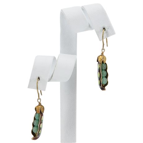 Vintage Enamel & Green Aventurine Pea Pod Earrings