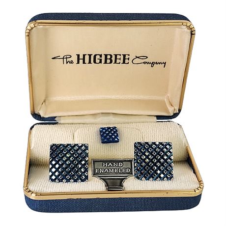 Vintage Higbee Company Hand Enameled Mod Cufflinks & Tie Tack Set, New in Box