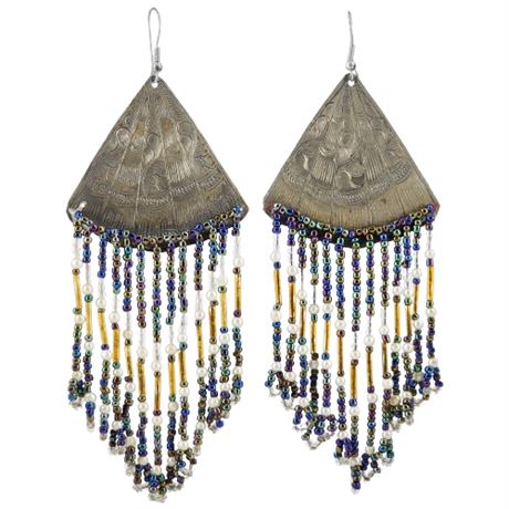 Large Vintage Hand Beaded Etched Metal Earrings