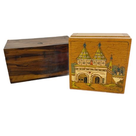 Pair of Vintage Wooden Souvenir Trinket Boxes Russia and Lebanon