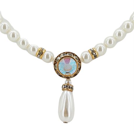 Vtg Faux Pearl Necklace w/ Aurora Borealis Rhinestone Centerpiece