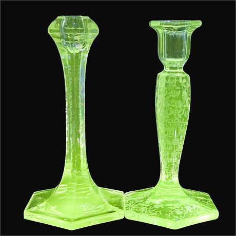 Two Vintage UV Reactive Etched Glass Candlesticks