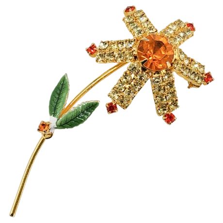 Vintage Unsigned Prong Set Rhinestone Flower Brooch