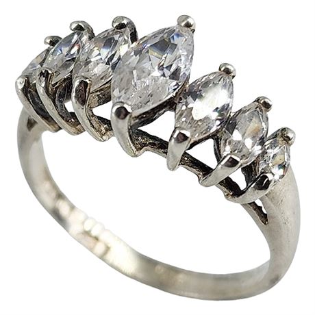 Signed Vintage LIND Silver Plated Marquise Cut CZ Anniversary Ring, Sz 7.75