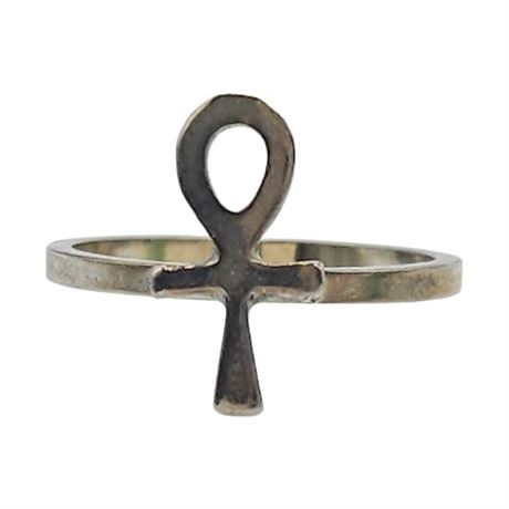 Vintage Silver Tone Ankh Ring, Sz 7