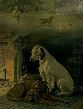 Vintage “Dreams” Fireside Hunting Dog Framed Edwin Megargee Lithograph